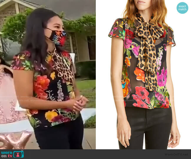 Alice + Olivia Jeannie Pattern Mix Puff Sleeve Bow Blouse