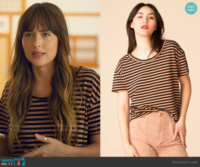 AMO Boxy Tee in Adobe Stripe worn by Maggie Sherwoode (Dakota Johnson) on The High Note