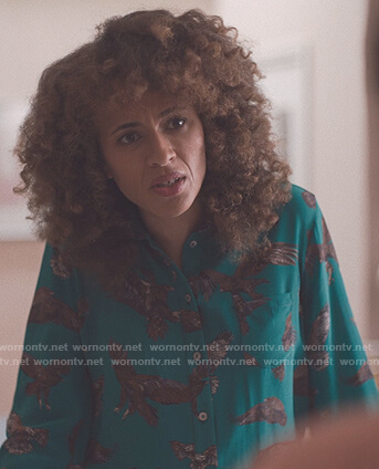 Bev’s green eagle print blouse on The Duchess