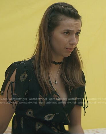 Blair’s black feather print blouse on Teenage Bounty Hunters