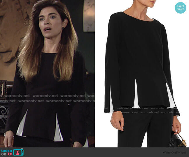 Donna Karan Pleated Two-Tone Stretch-Crepe Top worn by Victoria Newman (Amelia Heinle) on The Young and the Restless