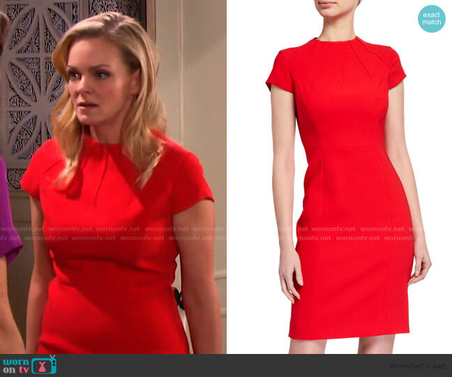 Elie Tahari Freida Cap-Sleeve Crepe Sheath Dress worn by Belle Brady (Martha Madison) on Days of our Lives