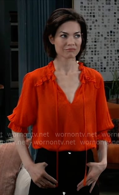 Elizabeth’s red dot jacquard top on General Hospital