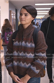 Elodie’s brown fair isle sweater on Trinkets