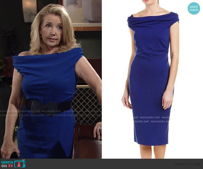 Escada Sheath Dress in Blue worn by Nikki Reed Newman (Melody Thomas-Scott) on The Young and the Restless