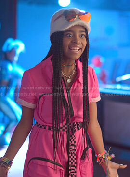 Flynn’s pink zip front dress with belt on Julie and the Phantoms
