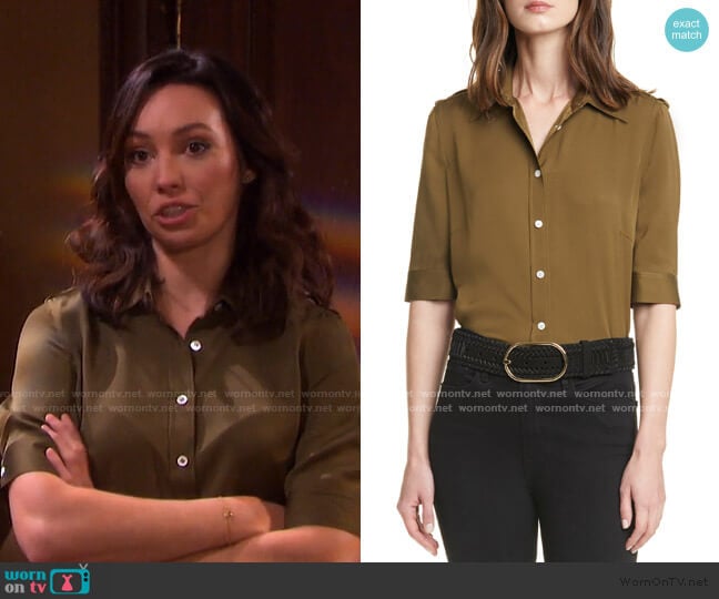 Frame 70s Epaulet Silk Shirt worn by Gwen Rizczech (Emily O'Brien) on Days of our Lives