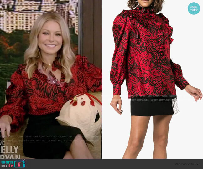 Gucci Silk Tiger Print Tie Neck Blouse worn by Kelly Ripa on Live with Kelly and Mark