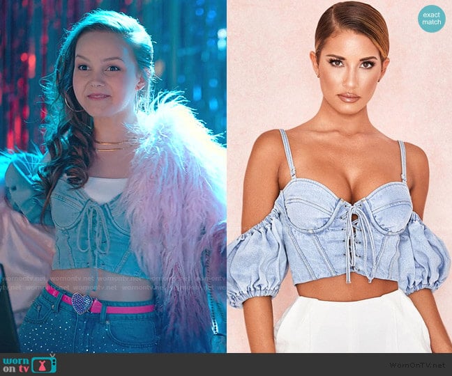House of CB Denim Puff Sleeve Corset Top worn by Carrie (Savannah Lee May) on Julie and the Phantoms