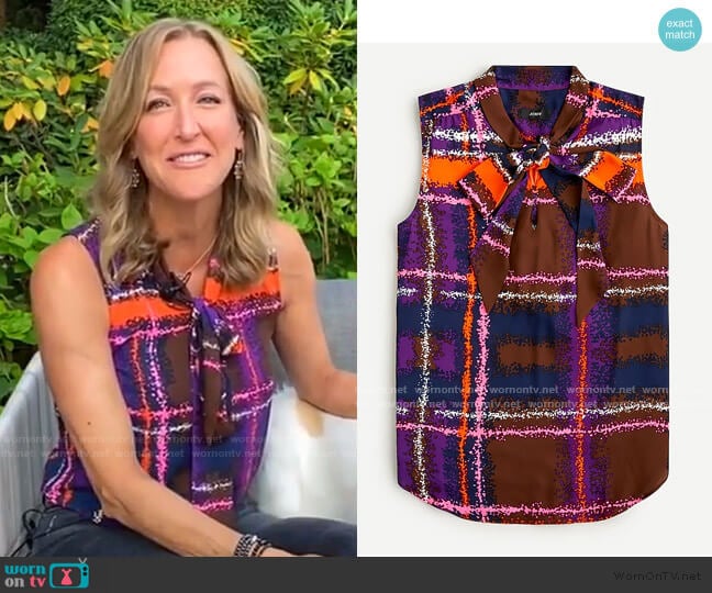 J. Crew Tie-Neck Blouse in Speckled Plaid worn by Lara Spencer on Good Morning America