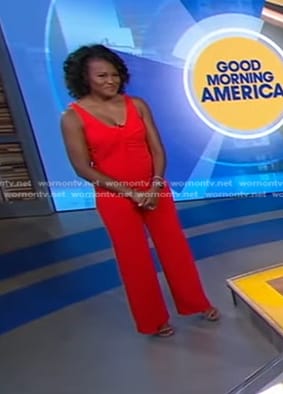 Janai’s red sleeveless draped jumpsuit on Good Morning America