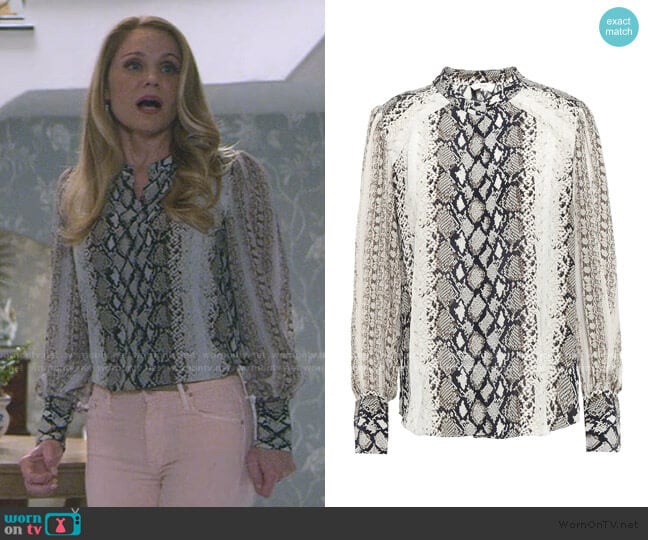 Joie Talin Snake-Print Crepe de Chine Shirt worn by Debbie Wesley (Virginia Williams) on Teenage Bounty Hunters