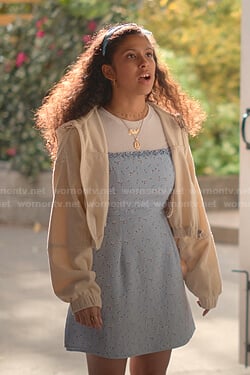 Julie’s blue floral mini dress and corduroy jacket on Julie and the Phantoms