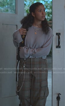 Julie’s lilac tie cuff sweater and grey plaid pants on Julie and the Phantoms