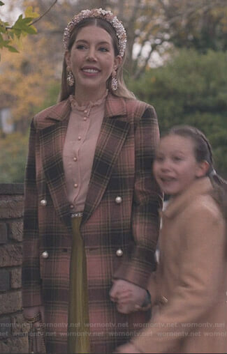 Katherine’s pink ruffle blouse and plaid coat on The Duchess