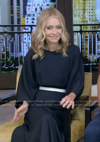 Kelly’s navy elbow sleeve midi dress on Live with Kelly and Ryan