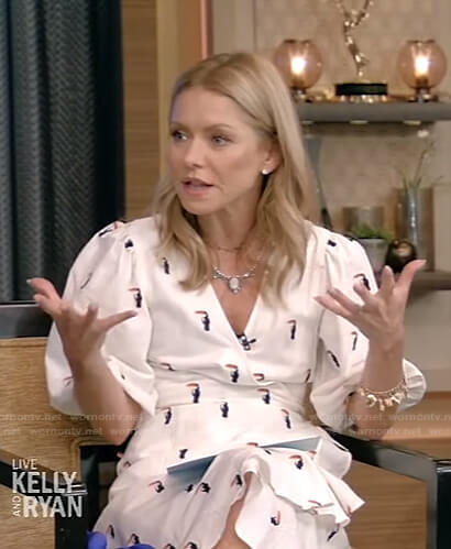 Kelly’s white embroidered wrap dress on Live with Kelly and Ryan