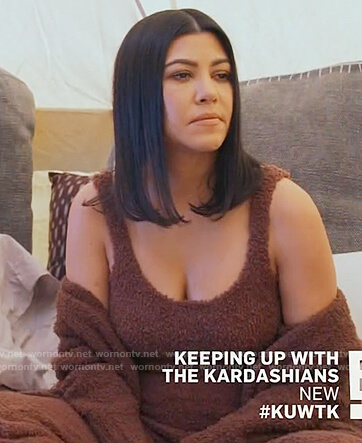 Kourtney’s brown fuzzy top pants and robe on Keeping Up with the Kardashians