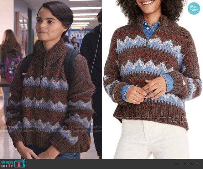 Madewell Stowe Fair Isle Half Zip Sweater worn by Elodie Davis (Brianna Hildebrand) on Trinkets