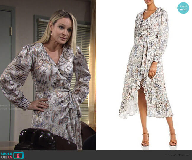 Maje Roxie Ruffled & Striped Paisley Midi Dress worn by Sharon Newman (Sharon Case) on The Young and the Restless