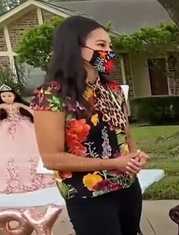 Morgan Radford’s mixed print tie neck blouse on Today