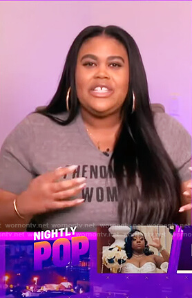 Nina’s gray Phenomenal Woman tee on E! News Nightly Pop