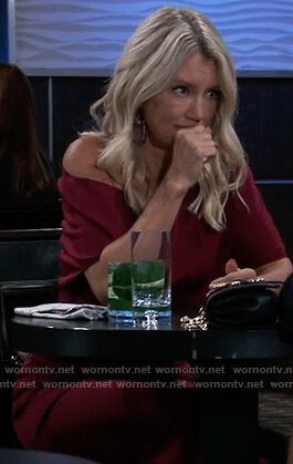 Nina’s burgundy off shoulder dress on General Hospital