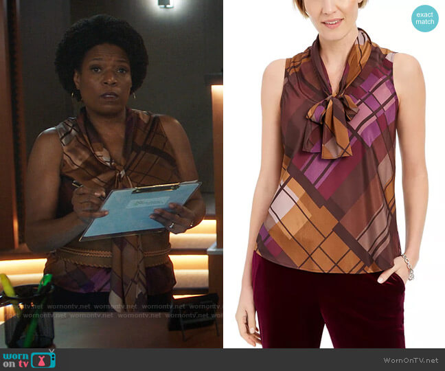 Nine West Plaid Tie-Neck Top worn by  Norah Ellington (Deneen Tyler) on Filthy Rich