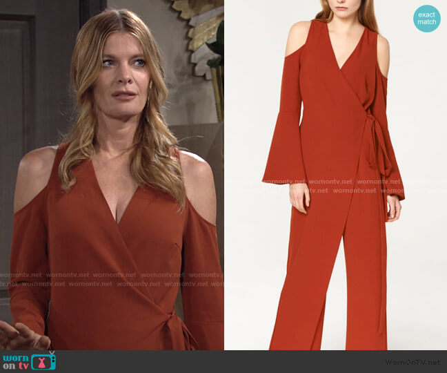 Paisie V-Neck Cold Shoulder Jumpsuit With Asymmetric Wrap Front worn by Phyllis Summers (Michelle Stafford) on The Young and the Restless