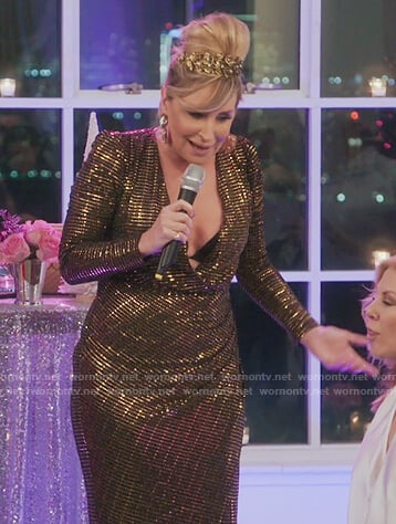 Sonja’s gold metallic maxi dress on The Real Housewives of New York City