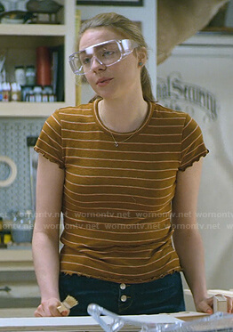 Sterling’s brown striped tee on Teenage Bounty Hunters