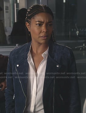 Sydney’s blue suede moto jacket on LA’s Finest
