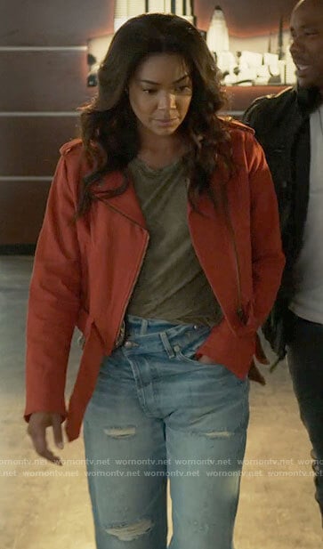 Sydney’s orange cotton moto jacket and distressed jeans on LA’s Finest