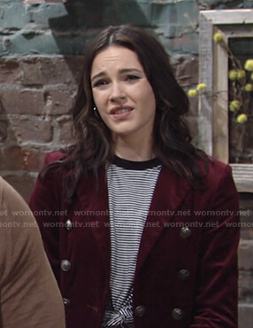 Tessa’s striped tee and red velvet blazer on The Young and the Restless
