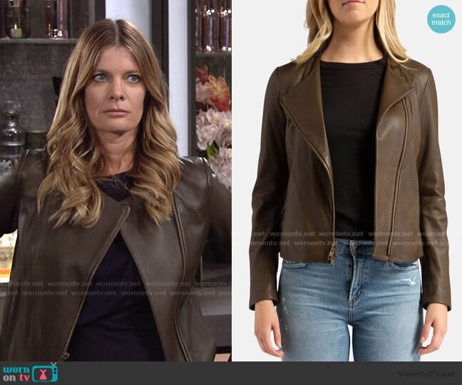 Vince Leather Cross Front Olive Wood Jacket worn by Phyllis Summers (Michelle Stafford) on The Young and the Restless
