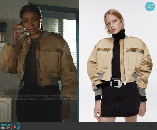 Zara Cropped Satin-finish Bomber Jacket worn by Sydney Burnett (Gabrielle Union) on LA's Finest