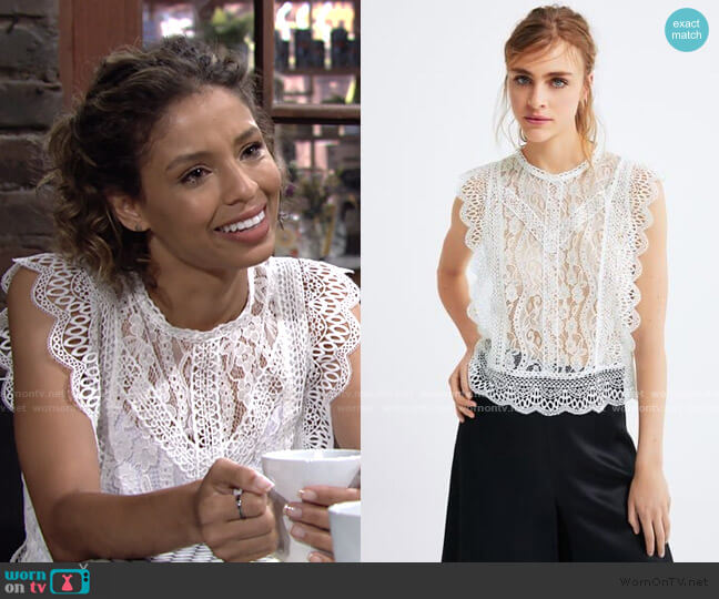 Zara Guipure Lace Top worn by Elena Dawson (Brytni Sarpy) on The Young and the Restless