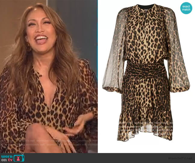 A.L.C. Sidney leopard print silk dress worn by Carrie Inaba on The Talk