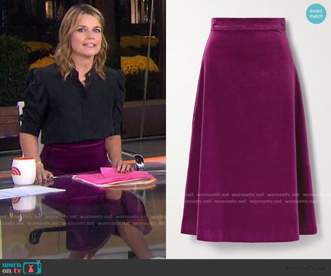 ARoss Girl x Soler Alma Cotton-Velvet Midi Skirt worn by Savannah Guthrie on Today
