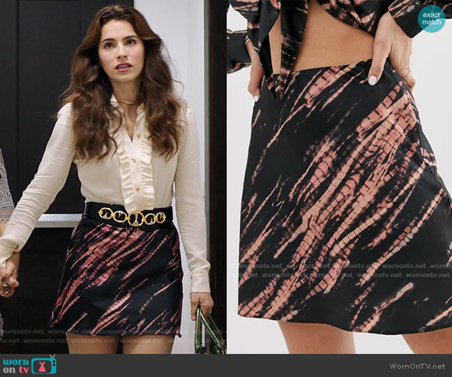 ASOS Design Tie Dye Satin Bias Mini Skirt worn by Ginger Sweet (Melia Kreiling) on Filthy Rich