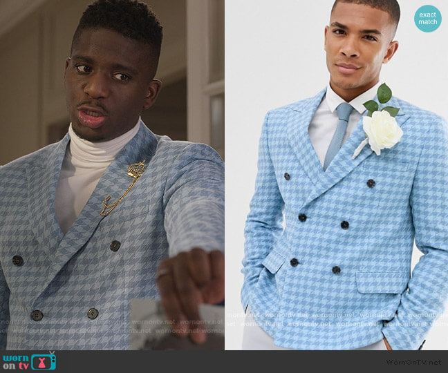 ASOS Wedding slim crop double breasted blazer with wool mix large scale houndstooth worn by Julien (Samuel Arnold) on Emily in Paris