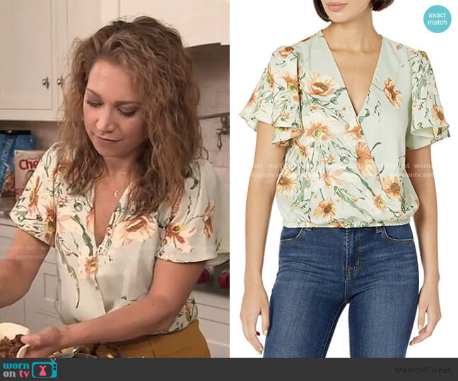 ASTR the Label Short Flutter Sleeve Surplice V-Neck Top worn by Ginger Zee on Good Morning America