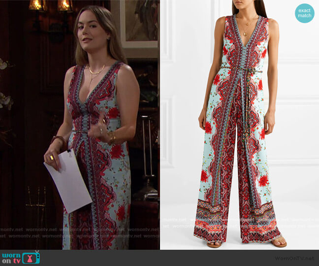 Alice + Olivia Audrie pleated printed crepe de chine jumpsuit worn by Hope Logan (Annika Noelle) on The Bold and the Beautiful