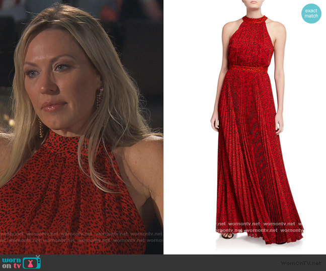 Alice + Olivia Kelissa Sunburst Pleated Maxi Halter Dress worn by Braunwyn Windham-Burke on The Real Housewives of Orange County