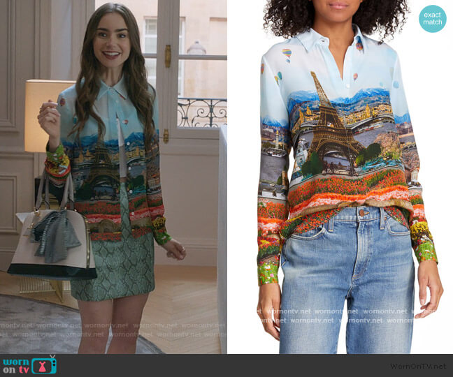 Alice + Olivia Willa Silk Blouse worn by Emily Cooper (Lily Collins) on Emily in Paris