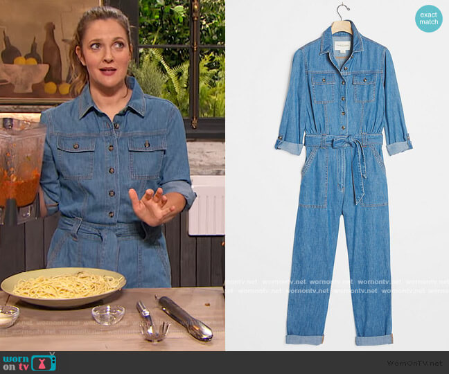 Anthropologie Pilcro Classic Denim Jumpsuit worn by Drew Barrymore on The Drew Barrymore Show