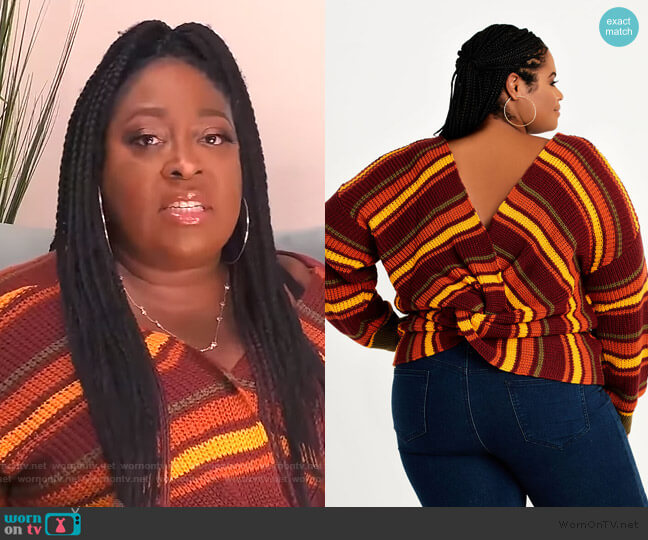 Ashley Stewart Stripe Knot Back Sweater worn by Loni Love on The Real