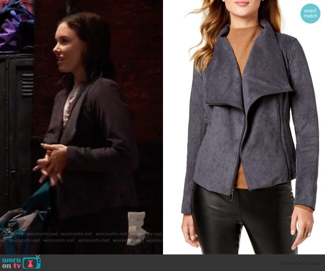BCBGeneration Ruffle-Hem Faux-Suede Moto Jacket worn by Willow Tait (Katelyn MacMullen) on General Hospital