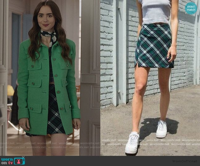 Brandy Melville Green Plaid Skirt worn by Emily Cooper (Lily Collins) on Emily in Paris