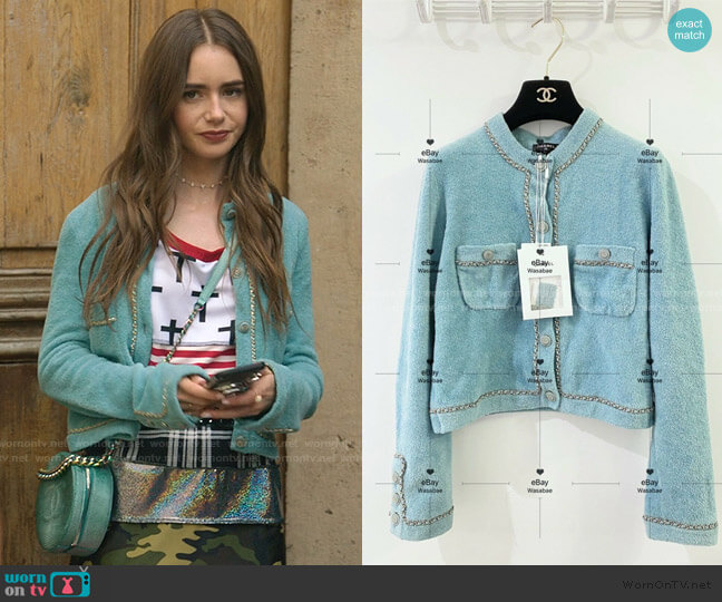 【Emily in Paris登場ブランド】ONAR Simone シモーヌ・コート WornOnTV: Emily's blue chain trim cardigan on Emily in Paris